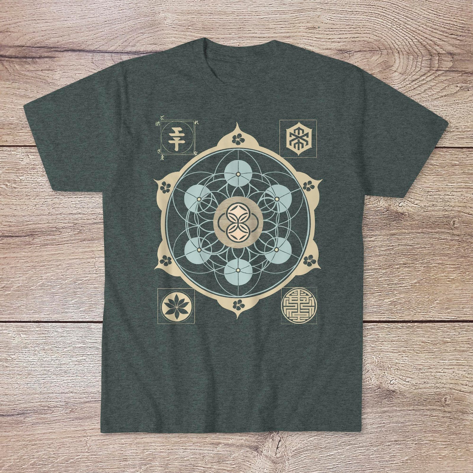 Green Sacred Geometry Tee | Flower of Life, Metatron's Cube, Sri Yantra | Asian Taoist Esoteric Alchemy Graphic Art T-Shirt