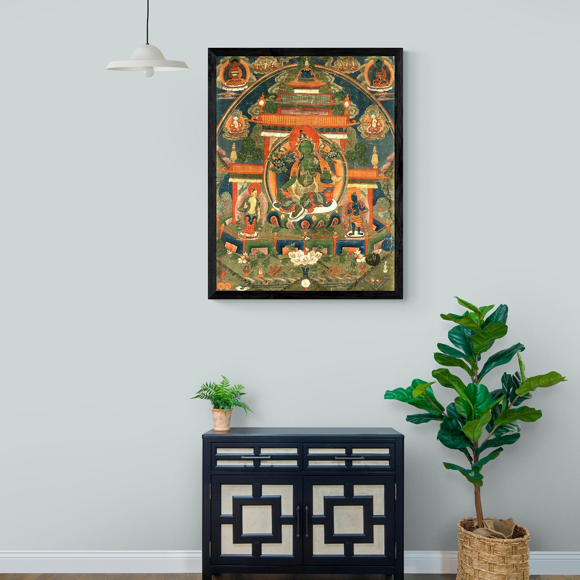 Green Tara Compassion Deity | Divine Feminine Goddess | Tibetan Buddhist Thangka Vintage Framed Art Print