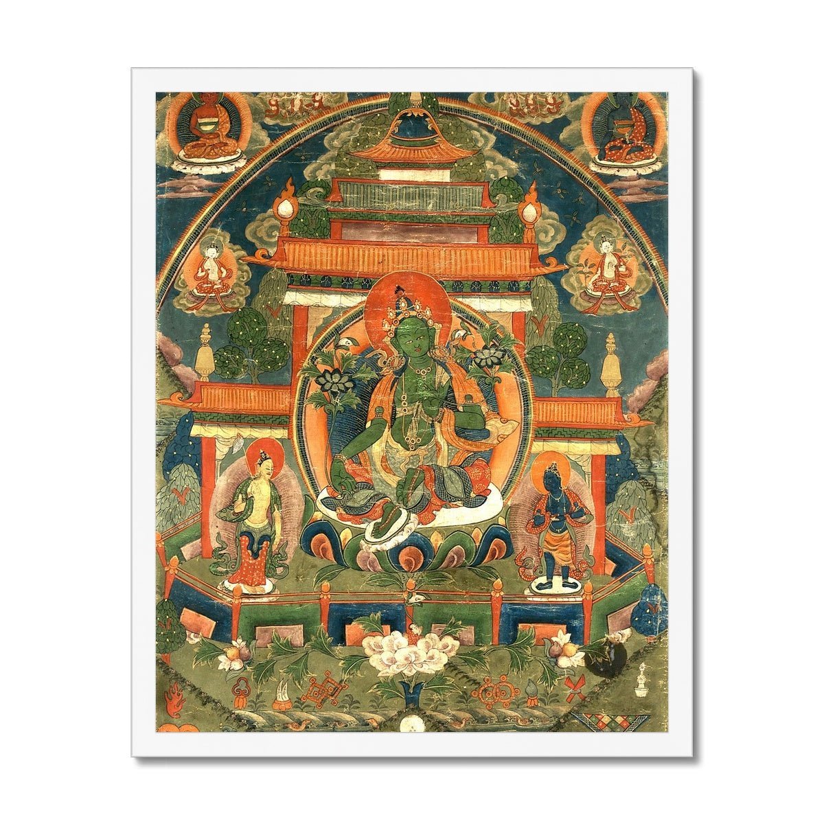 Green Tara Compassion Deity | Divine Feminine Goddess | Tibetan Buddhist Thangka Vintage Framed Art Print