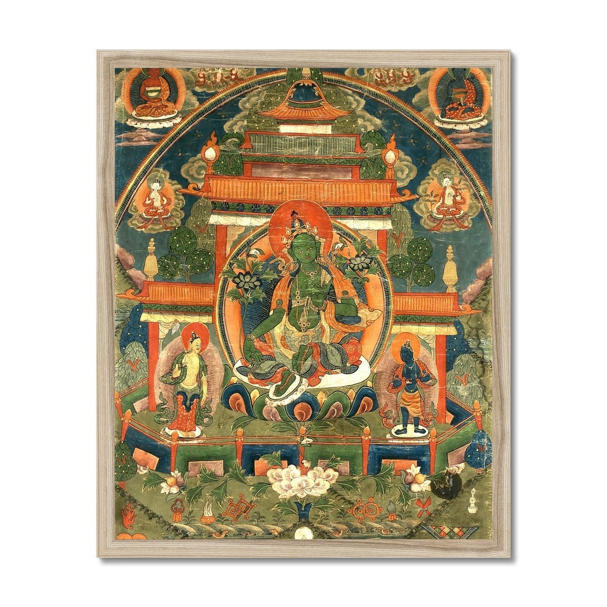 Green Tara Compassion Deity | Divine Feminine Goddess | Tibetan Buddhist Thangka Vintage Framed Art Print