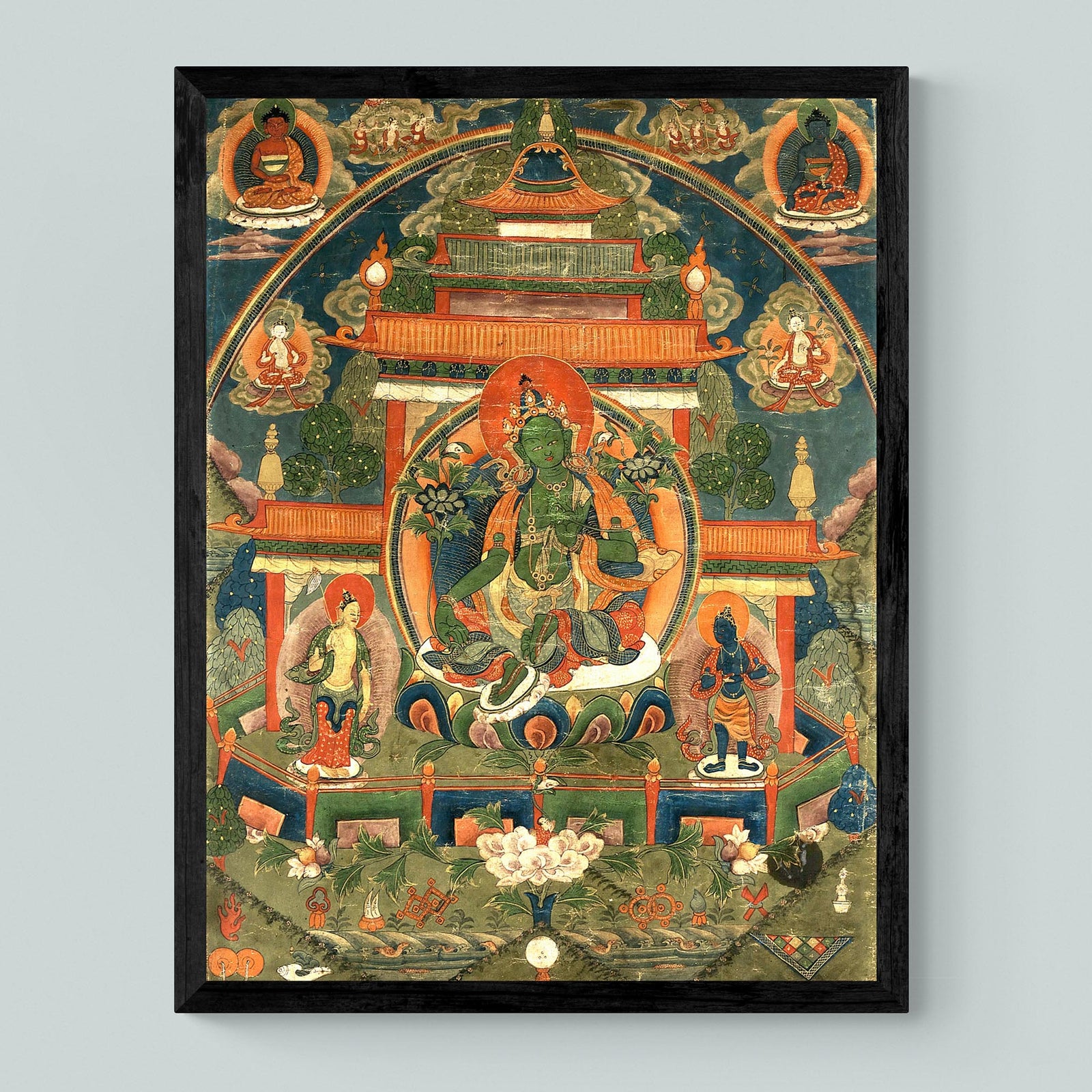 Green Tara Compassion Deity | Divine Feminine Goddess | Tibetan Buddhist Thangka Vintage Framed Art Print