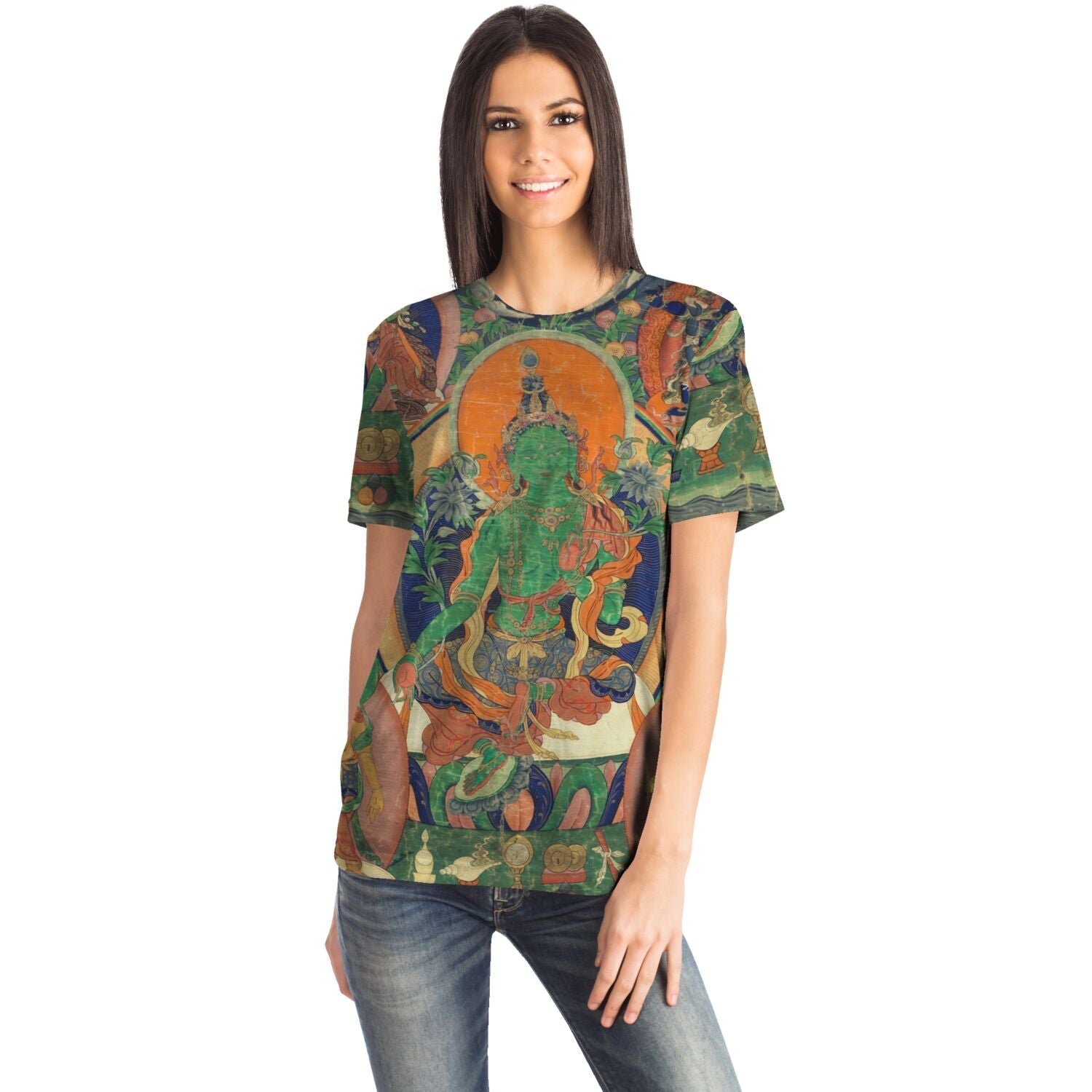 Green Tara Thangka | Tibetan Diety of Compassion, Feminine Buddha | Mahayana Dakini Yogina All-Over-Print TShirt