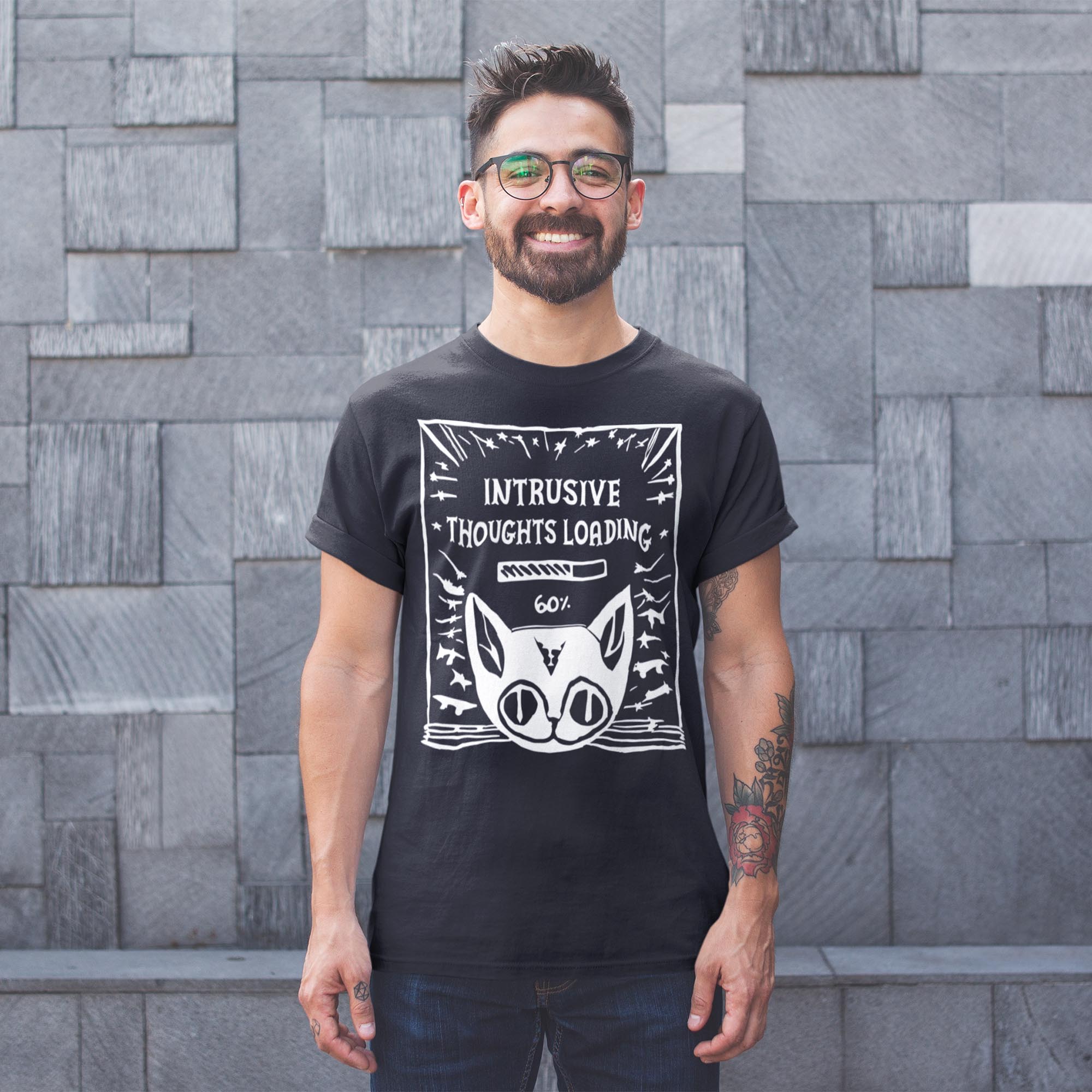 Intrusive Thoughts Loading | Schrödinger's Cat, Mental Health, Absurd Hand-Drawn Lithograph, Weirdcore Graphic Art T-Shirt - Sacred Surreal