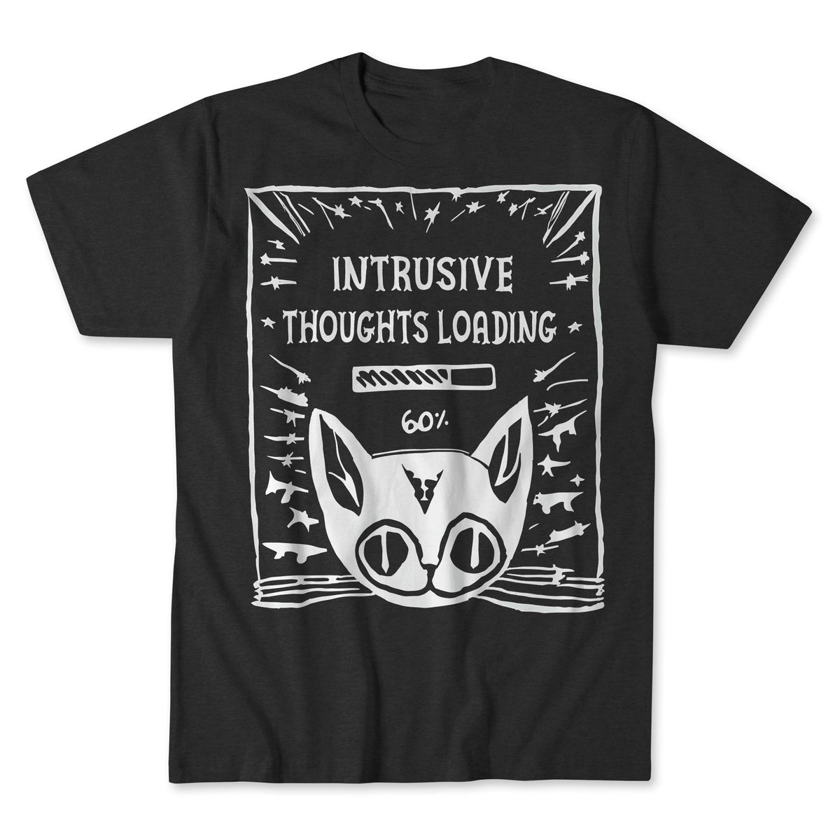 Intrusive Thoughts Loading | Schrödinger&#39;s Cat, Mental Health, Absurd Hand-Drawn Lithograph, Weirdcore Graphic Art T-Shirt - Sacred Surreal