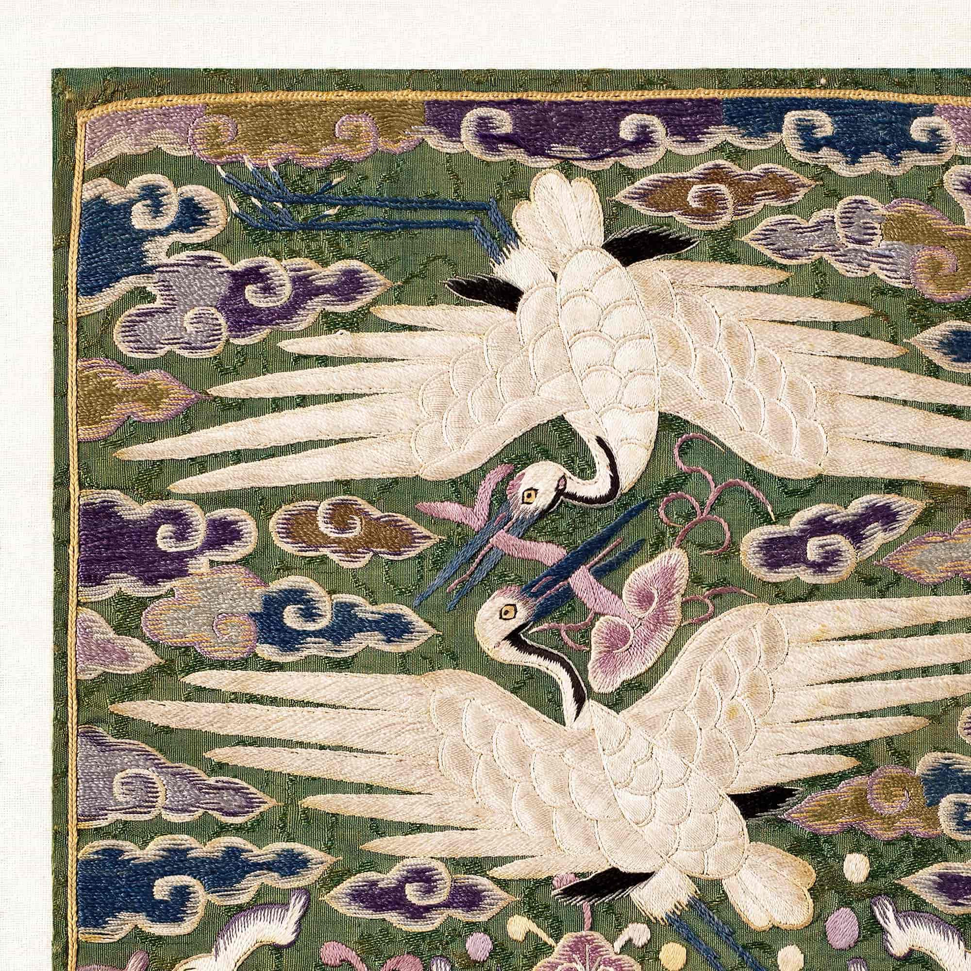 Korean Double Cranes, Silk Swans, Traditional Hyungbae Textile Design, Bird Lover Fine Art Print w Thangka Hanger - Sacred Surreal