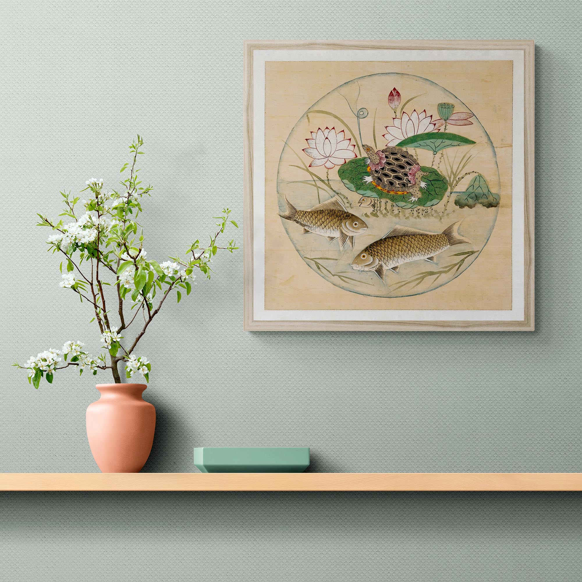 Korean Lotus and Fish in Rondel, 19th-Century Mythology | Zen Buddhist Aquatic Sea Nature Framed Art Print - Sacred Surreal