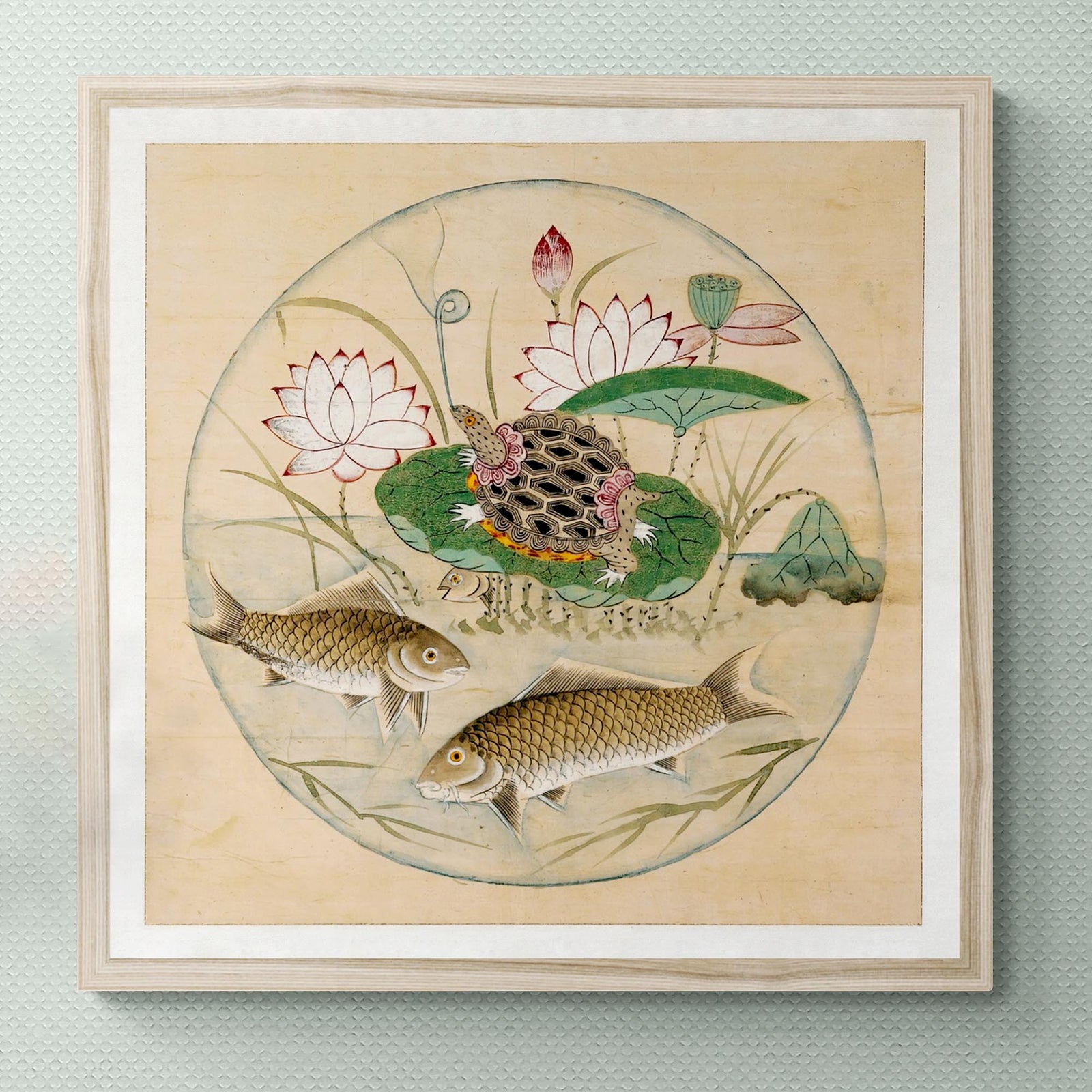 Korean Lotus and Fish in Rondel, 19th-Century Mythology | Zen Buddhist Aquatic Sea Nature Framed Art Print