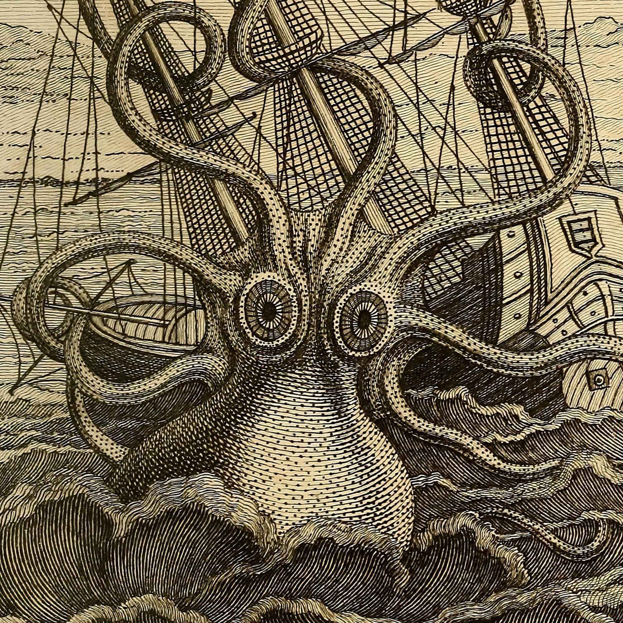 Kraken Attacking Schooner | Loki's Sea Monster | Norse Mytholoy | Gift for Him | Fine Art Print with Hanger