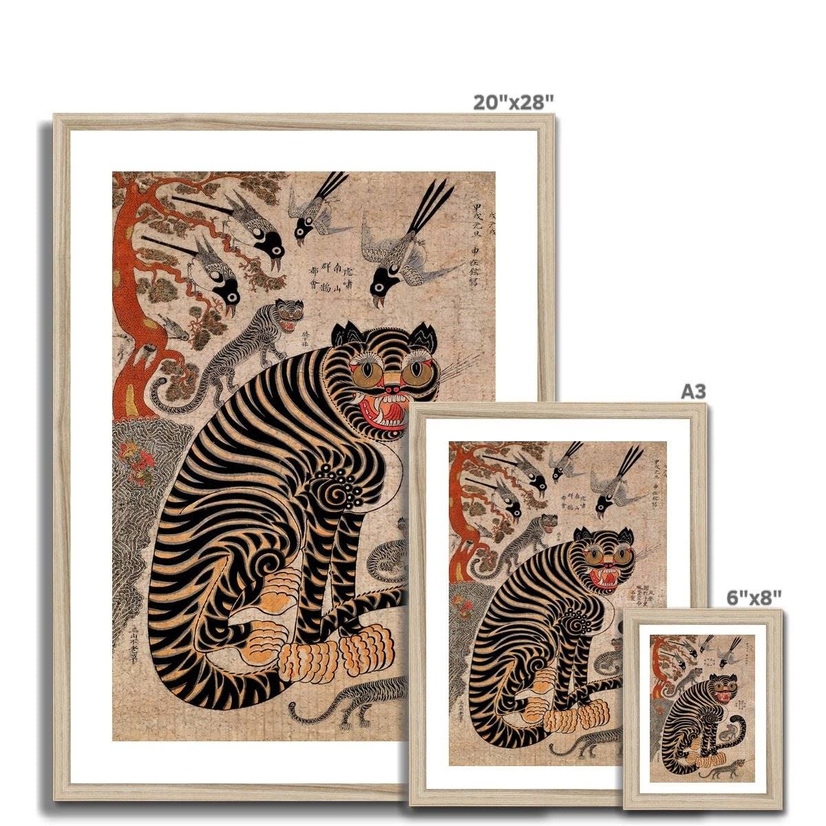 Magical Korean Tiger and Magpie | Classic Mythology Minhwa Painting | Bird Jungle Lion Leopard Home Decor | Cute Kawaii Framed Art Print