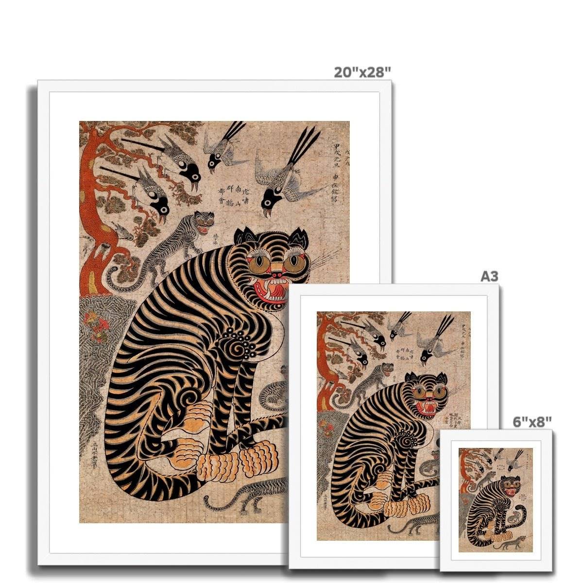 Magical Korean Tiger and Magpie | Classic Mythology Minhwa Painting | Bird Jungle Lion Leopard Home Decor | Cute Kawaii Framed Art Print