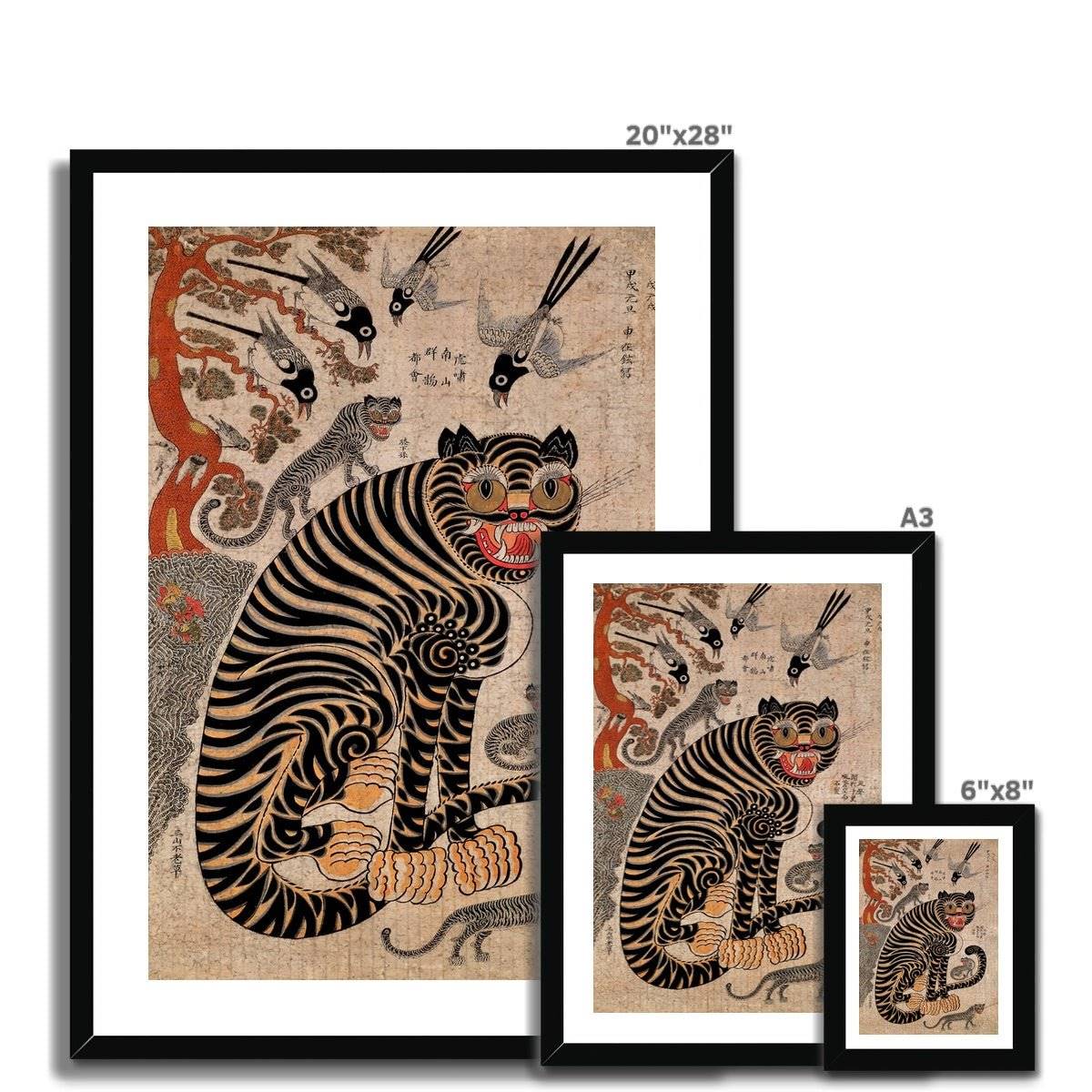 Magical Korean Tiger and Magpie | Classic Mythology Minhwa Painting | Bird Jungle Lion Leopard Home Decor | Cute Kawaii Framed Art Print