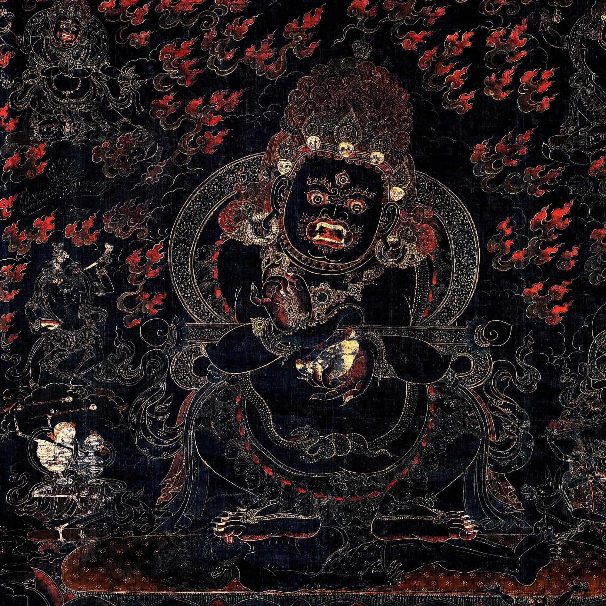 Mahakala as Panjarantha | Dharma Protector, Black Tibetan Antique Thangka, Enlightened Buddha Fine Art Print