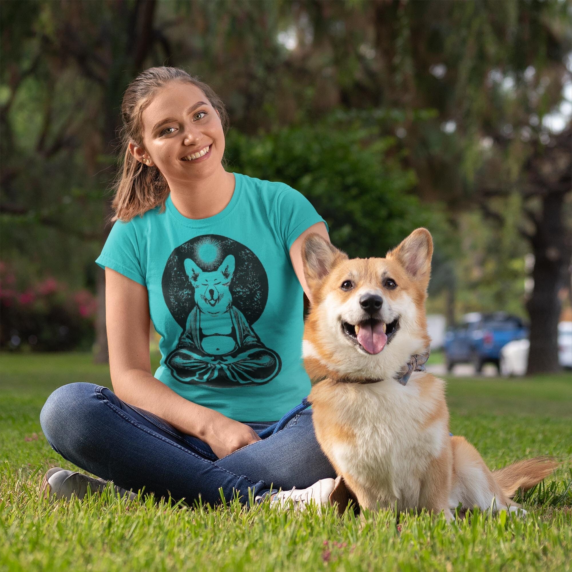 Meditating Zen Corgi at Peace with the Universe | Cute Kawaii Dog-Lover Yoga Pet Gift | Unisex Cotton T-Shirt - Sacred Surreal