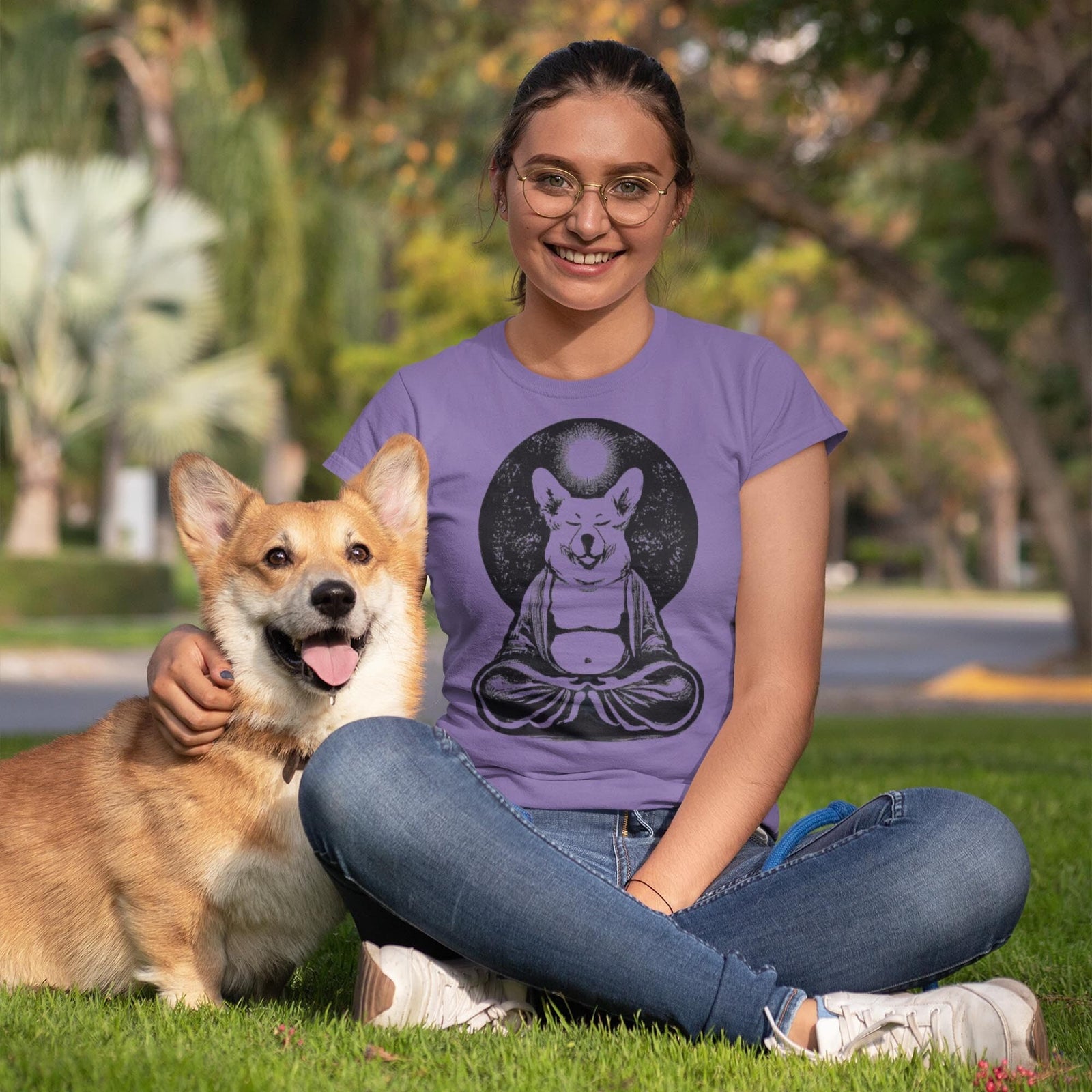 Meditating Zen Corgi at Peace with the Universe | Cute Kawaii Dog-Lover Yoga Pet Gift | Unisex Cotton T-Shirt