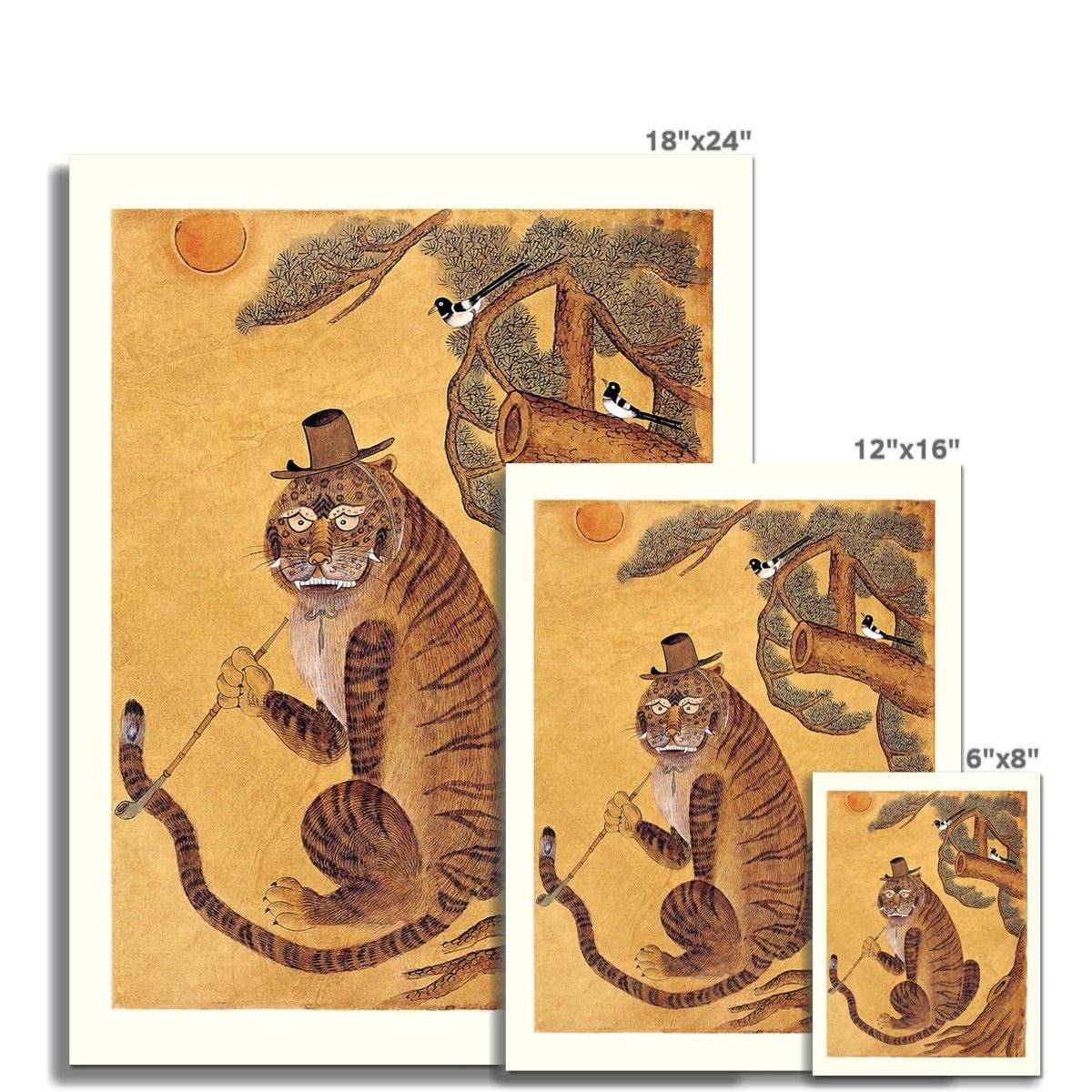 Minhwa Tiger Smoking a Pipe, with Magpies | Korean Folk Art Mythology | Kawaii Cute Fine Art Print - Sacred Surreal