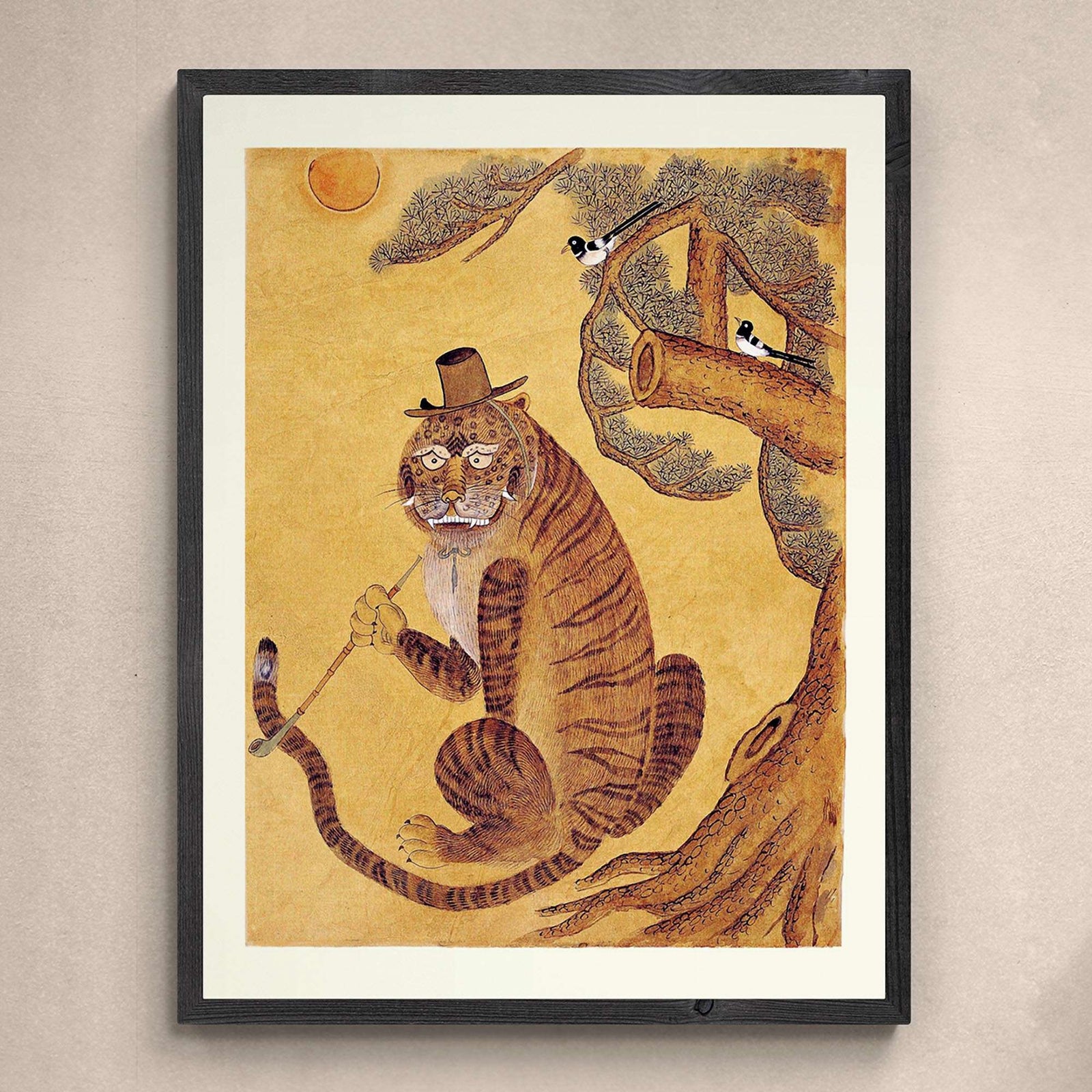 Minhwa Tiger Smoking a Pipe, with Magpies | Korean Folk Art Mythology | Kawaii Cute Fine Art Print