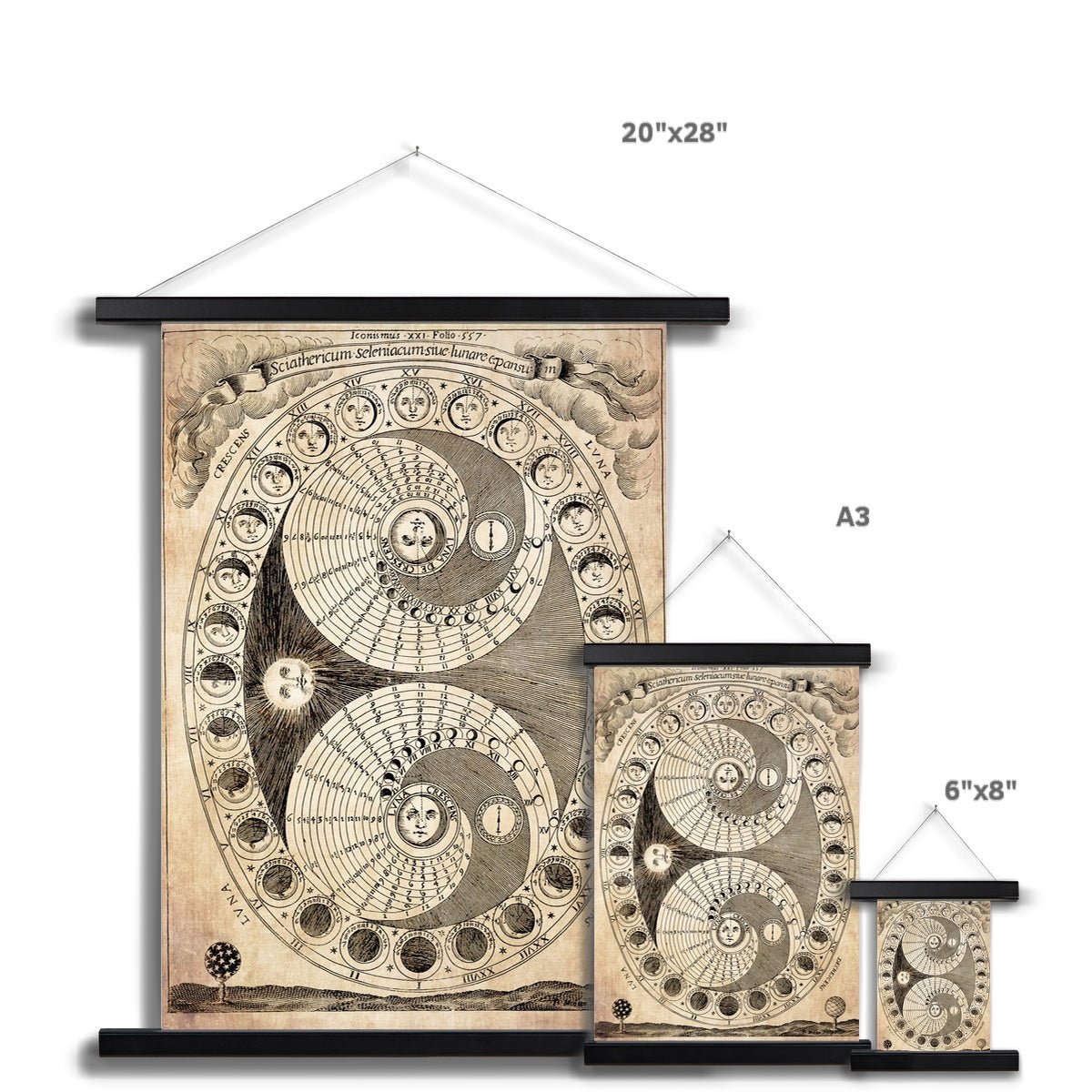 Moon Cycles, Moondial, Alchemical Zodiac | Celestial Astronomy Lunar Chart | Vintage Art Print w Hanger