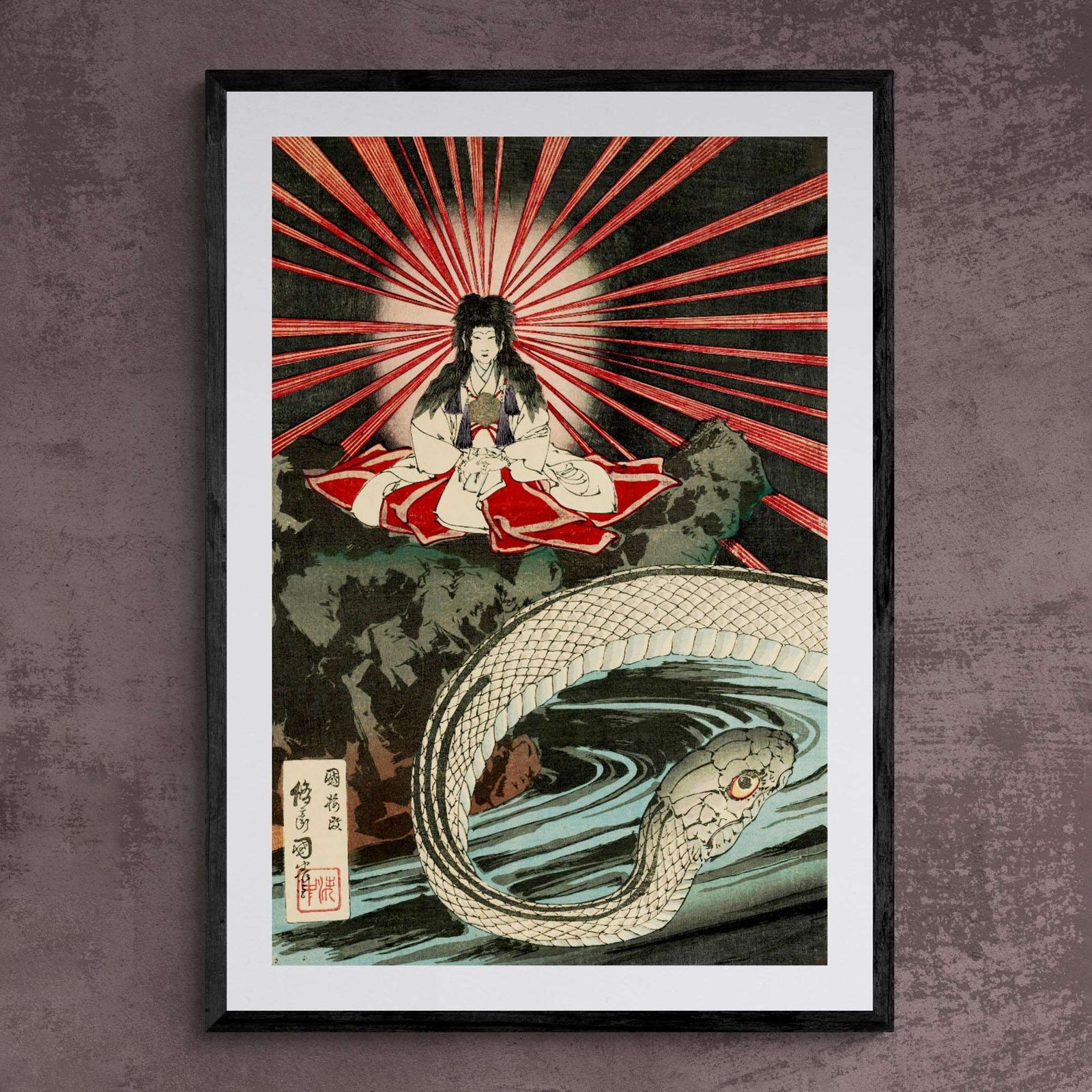 Nitta No Shiro Tadatsune Encountering the Goddess of Mount Fuji In A Cave With Her Dragon, Japanese Edo Period Ukiyo-e Framed Fine Art Print