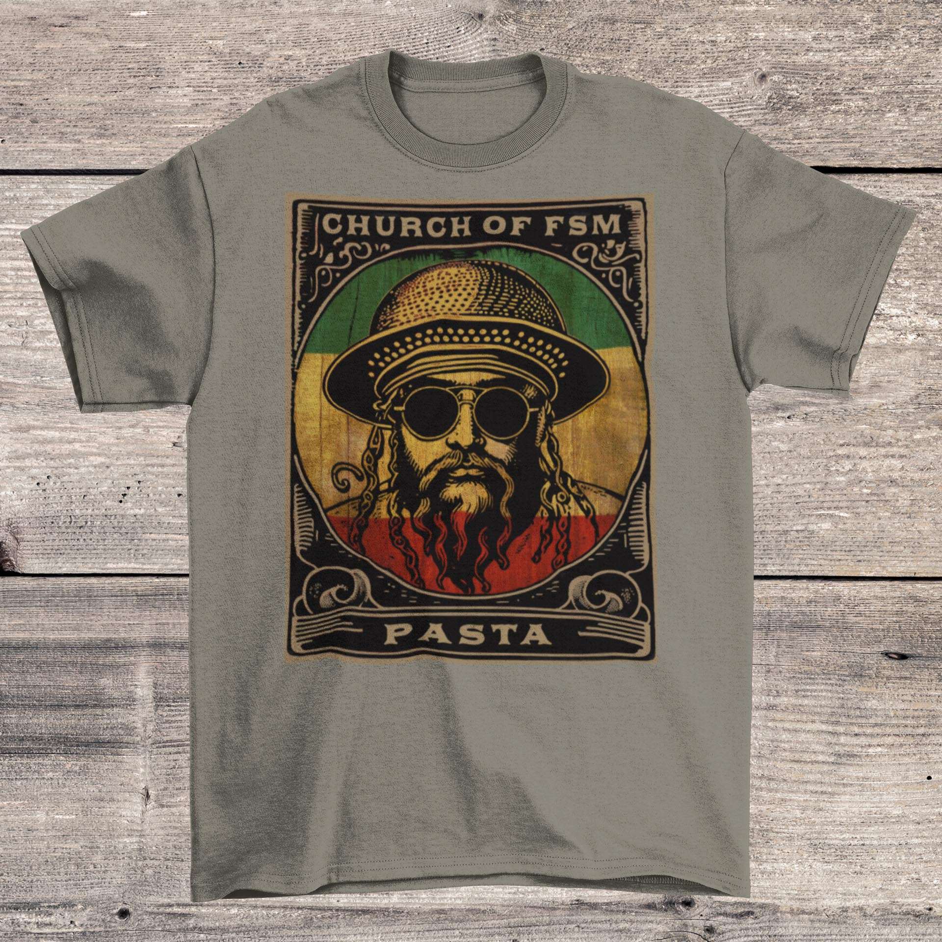 Pastafarianism & The Flying Spaghetti Monster (FSM) | Reggae and Atheist Inspired Pasta Graphic Art T-Shirt - Sacred Surreal