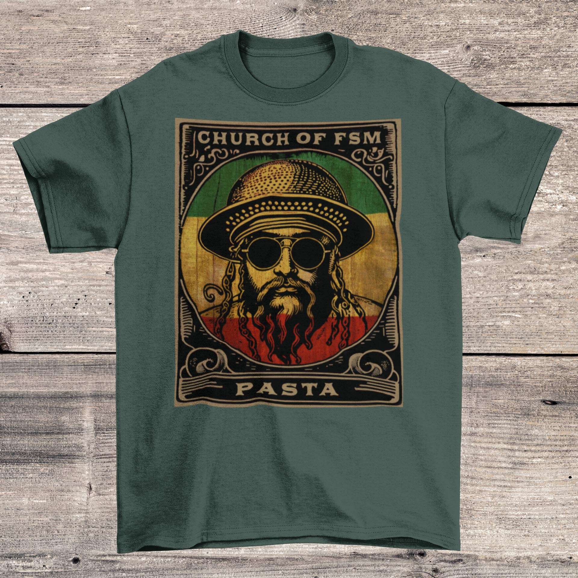 Pastafarianism & The Flying Spaghetti Monster (FSM) | Reggae and Atheist Inspired Pasta Graphic Art T-Shirt - Sacred Surreal