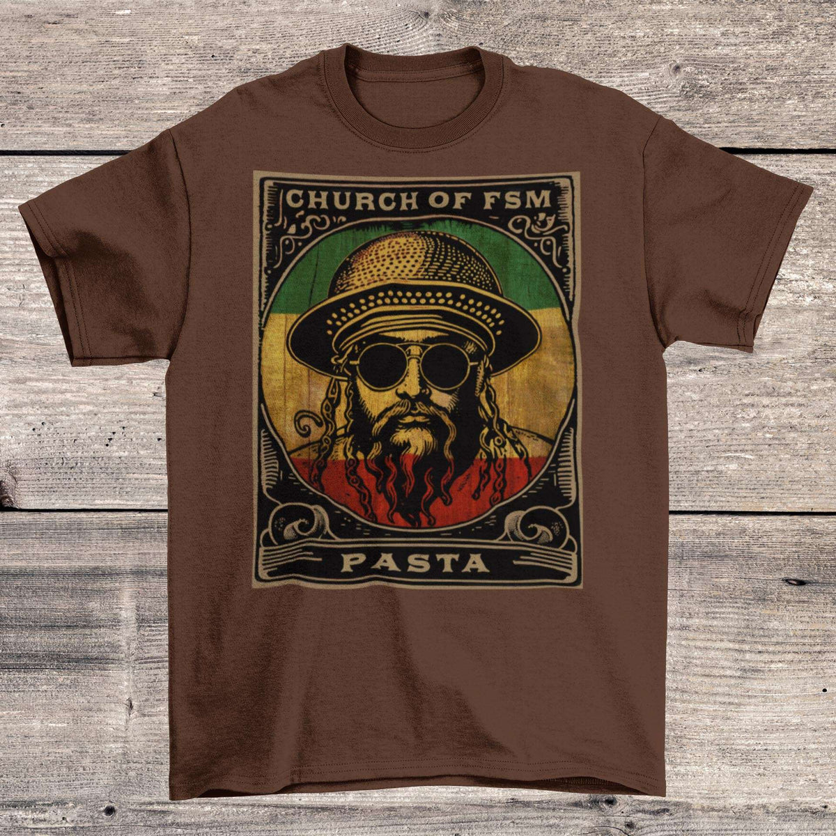 Pastafarianism &amp; The Flying Spaghetti Monster (FSM) | Reggae and Atheist Inspired Pasta Graphic Art T-Shirt - Sacred Surreal