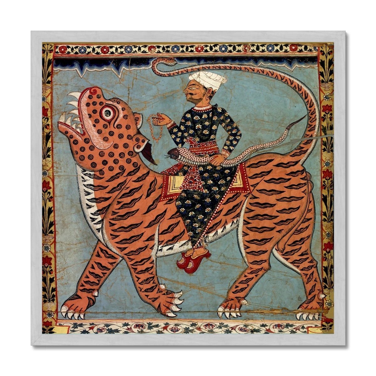 Pir Gazi and His Tiger Antique Gold and Silver, Indian Art, Islamic Art, Muslim Art, Sufi Rumi Mystic Cat, Antique Gold and Silver Framed