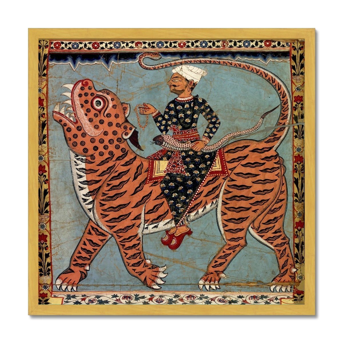 Pir Gazi and His Tiger Antique Gold and Silver, Indian Art, Islamic Art, Muslim Art, Sufi Rumi Mystic Cat, Antique Gold and Silver Framed