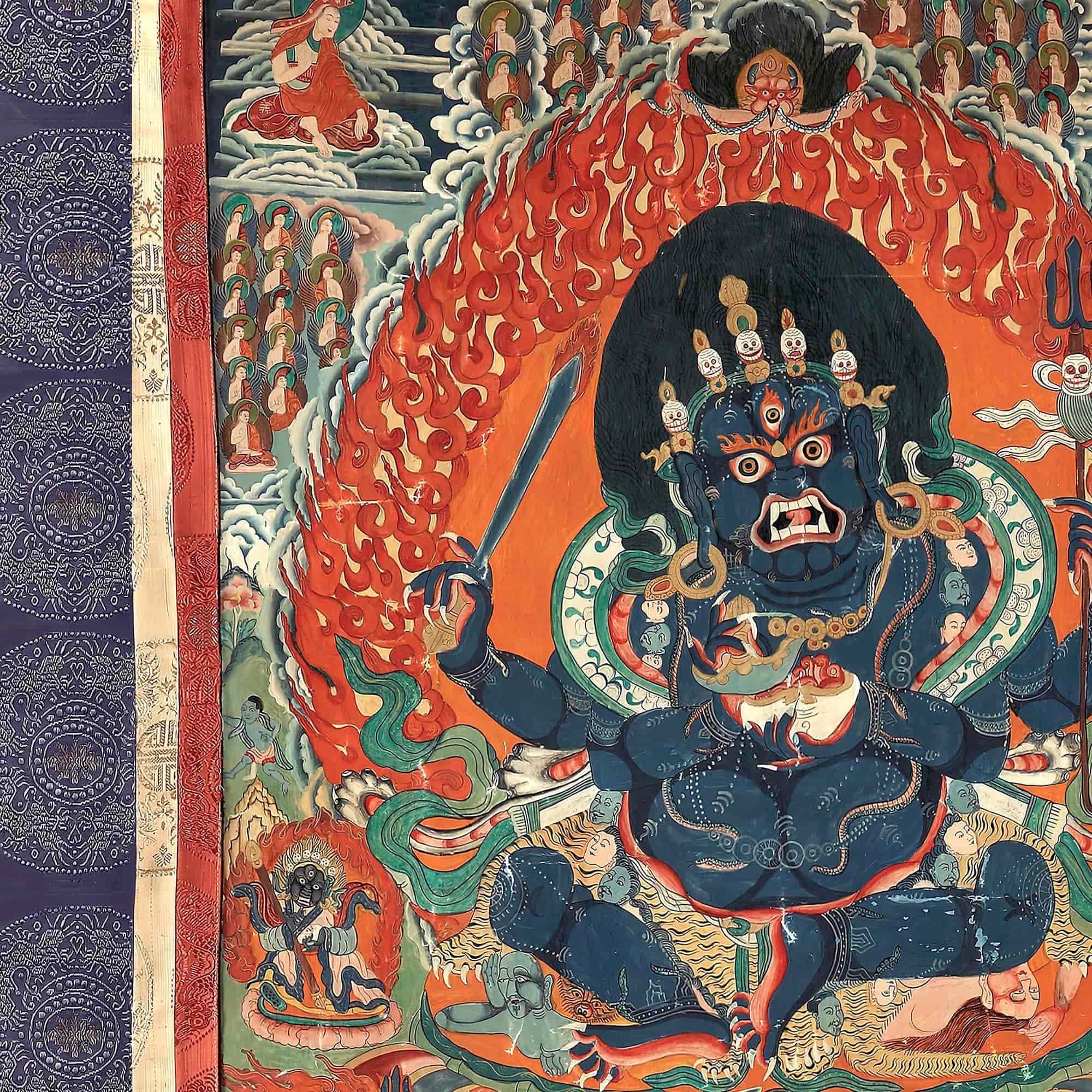 Purple Mahakala Tibetan Thangka | Buddhist Wisdom Protection Meditation Deity | Nepal Tantric Vintage Fine Art Print with Hanger - Sacred Surreal