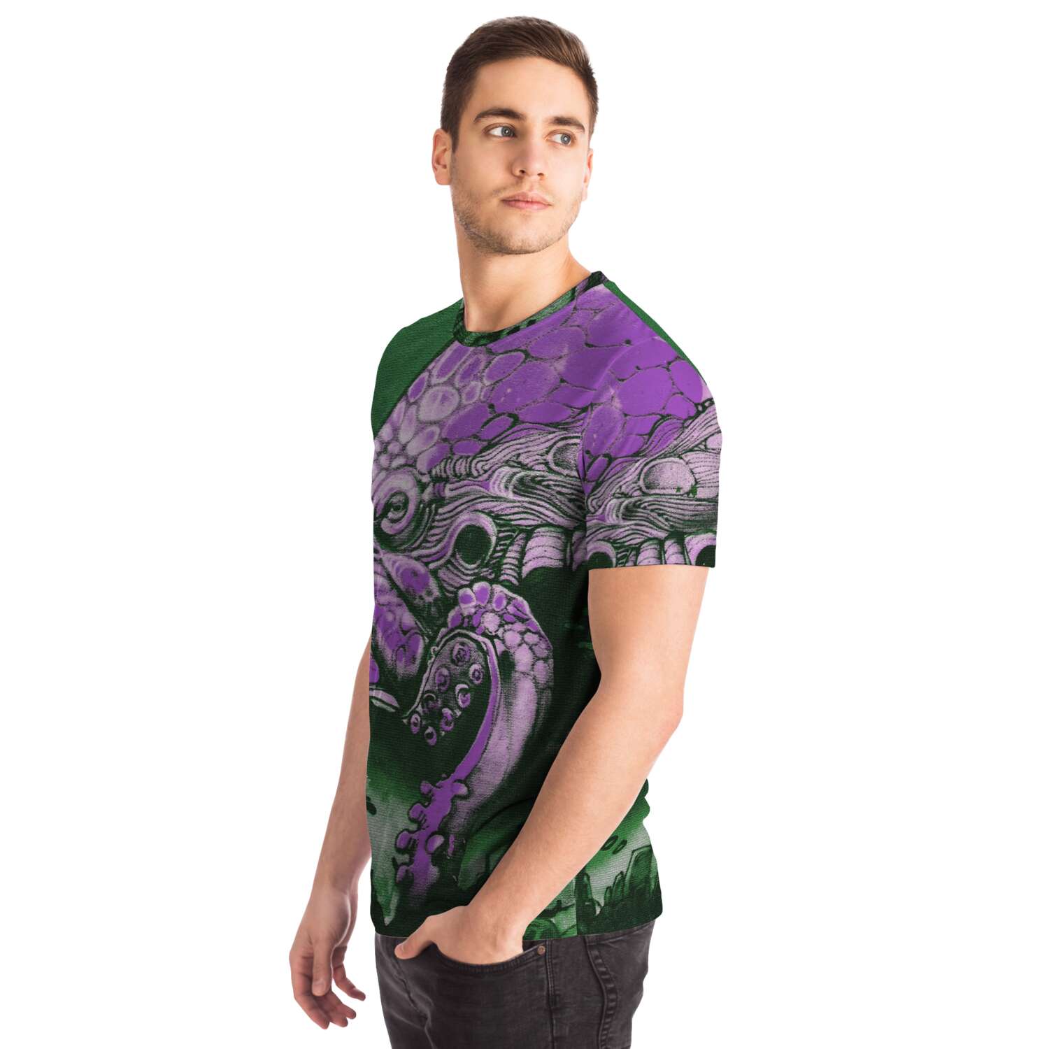 Purple Urban Octopus | Extraterrestrial Octopus | Dystopian Squid All-Over-Print Trippy T-Shirt - Sacred Surreal