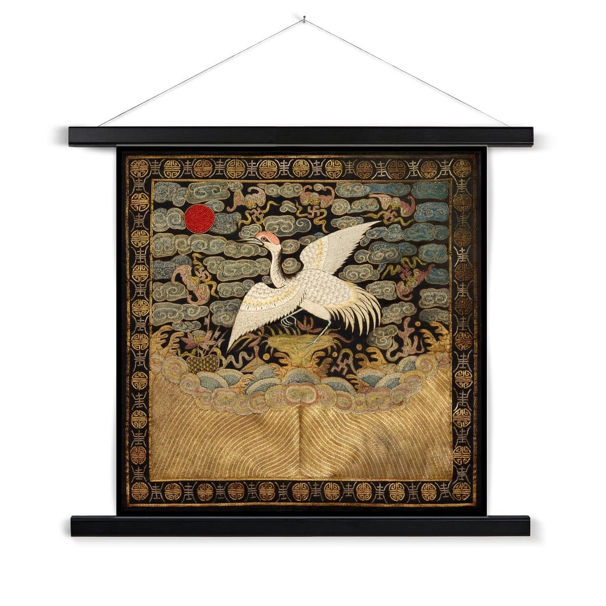 Qing Dynasty, Chinese Silk Embroidery Heron Mandarin Square Antique Vintage Fine Art Print with Hanger