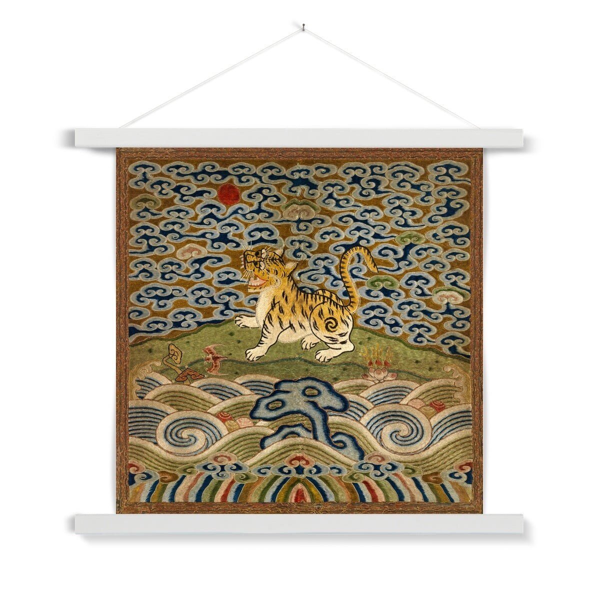 Qing Dynasty, Chinese Silk Embroidery | Leopard Lion Cat Mandarin Square Thangka | Vintage Fine Art Print with Hanger