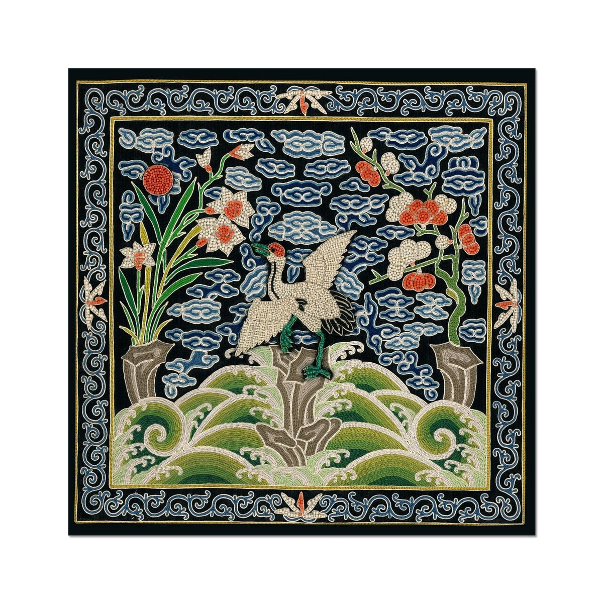 Qing Dynasty, Chinese Silk Embroidery Marsh Heron Mandarin Square Fine Art Print