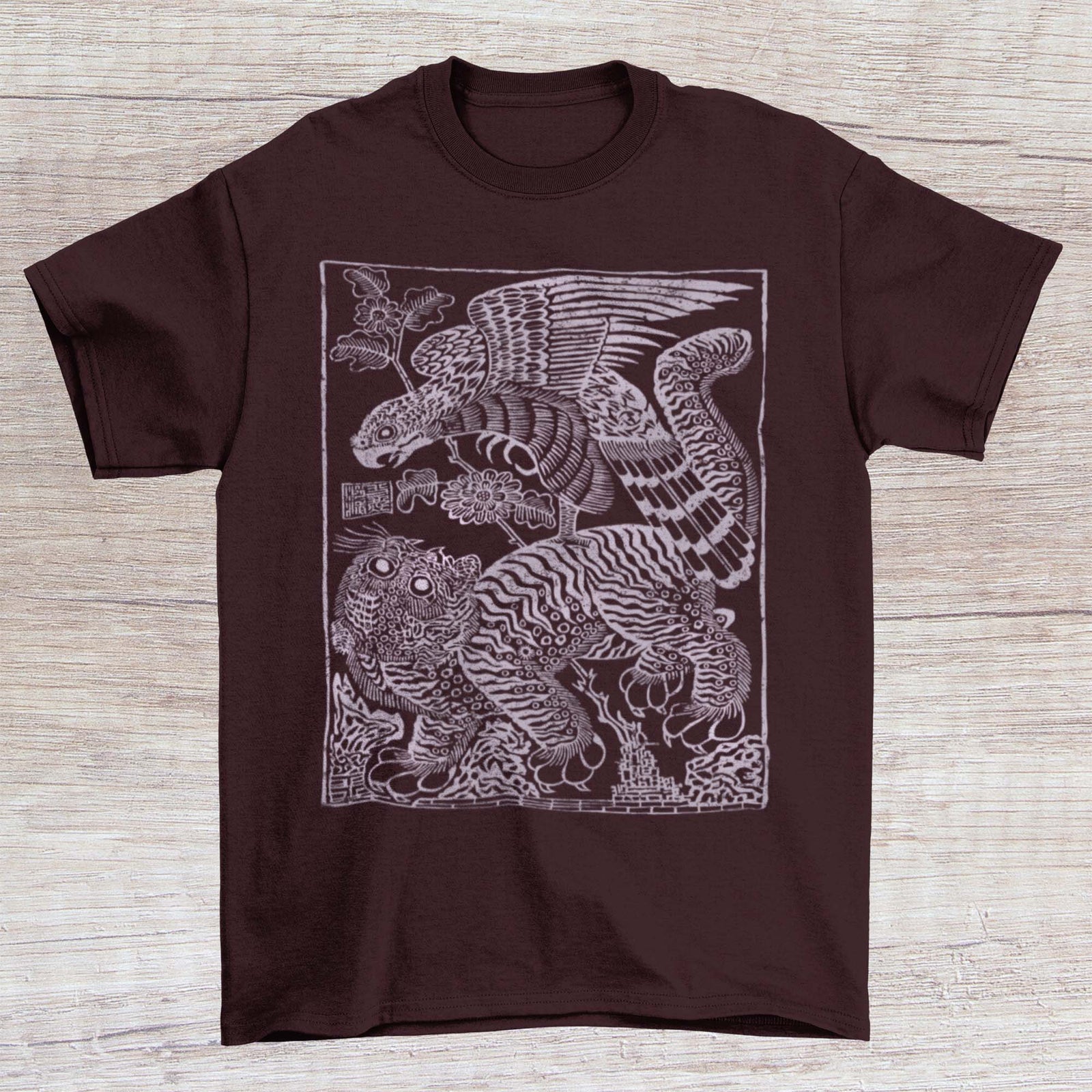 Hawk Attacks Tiger | Traditional Korean Minhwa Folk, Wood Cut Print | Asian Mythology Graphic Art T-Shirt