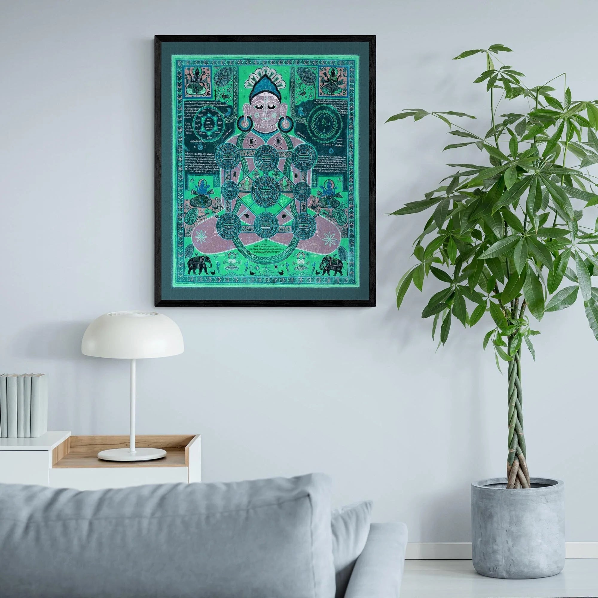 Framed Tibetan Jain Cosmology | Antique Diagram Featuring Seated Parsvanatha, Meditation Mantra Framed Print