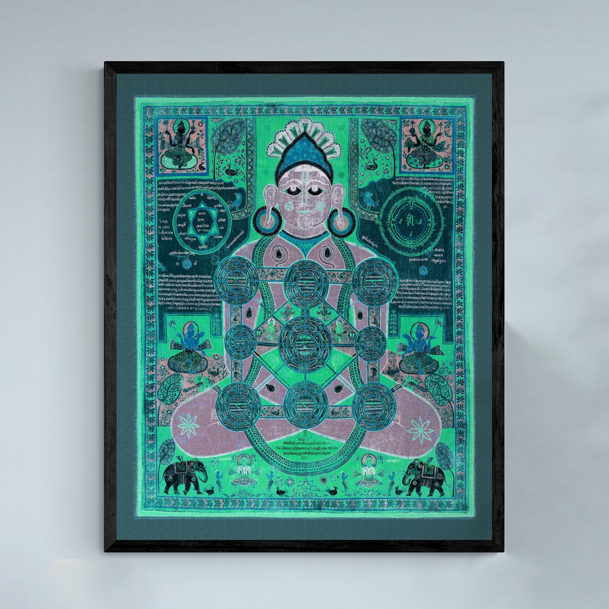 Framed Tibetan Jain Cosmology | Antique Diagram Featuring Seated Parsvanatha, Meditation Mantra Framed Print