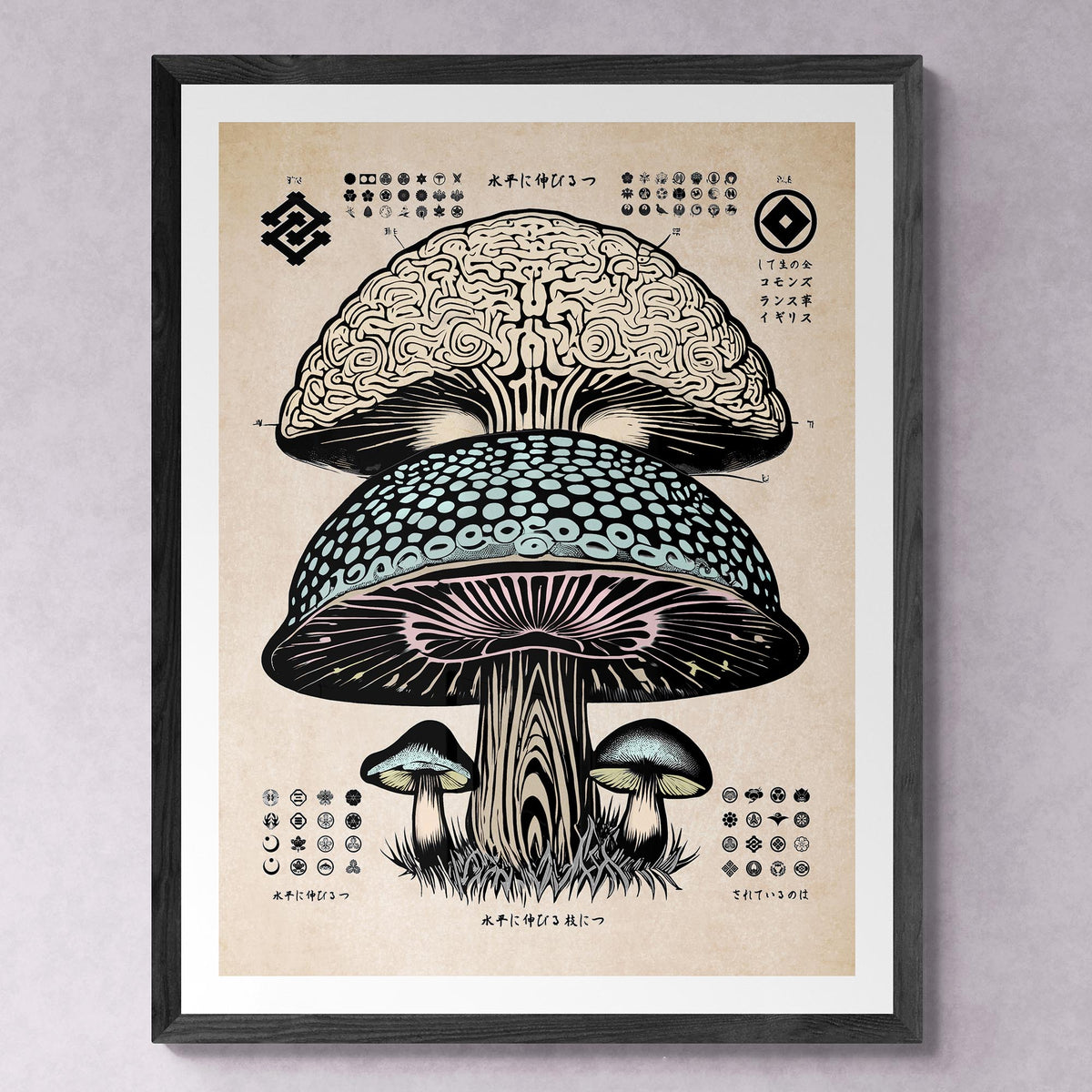 Surreal Brain Evolution, Stoned Ape Psychedelic Mushrooms, Ancient Japanese Neuroscience Fine Art Print