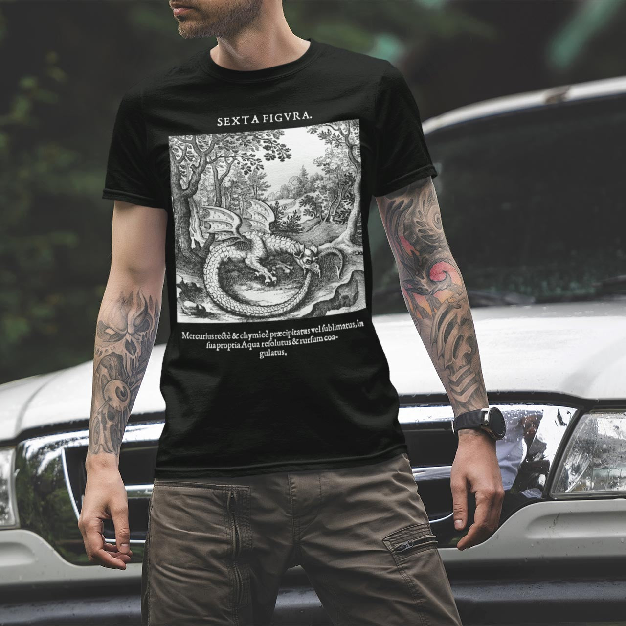 The Ouroboros Ancient Serpent Snake Dragon | Rebirth Hermetic Alchemy | Medieval Woodcut, Occult Esoteric Graphic Art T-Shirt