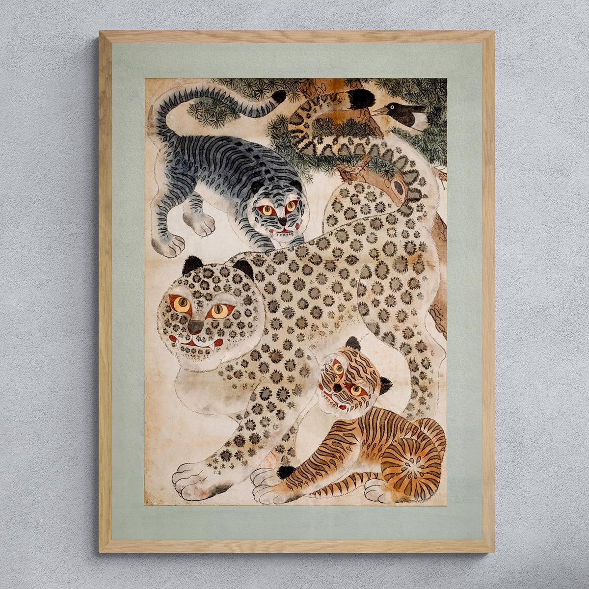 Tiger and Leopard Korean Folk Art | Cute Kawai Kids&#39; Room Nursery Decor | Vintage Wildlife Jungle Fine Art Print - Sacred Surreal
