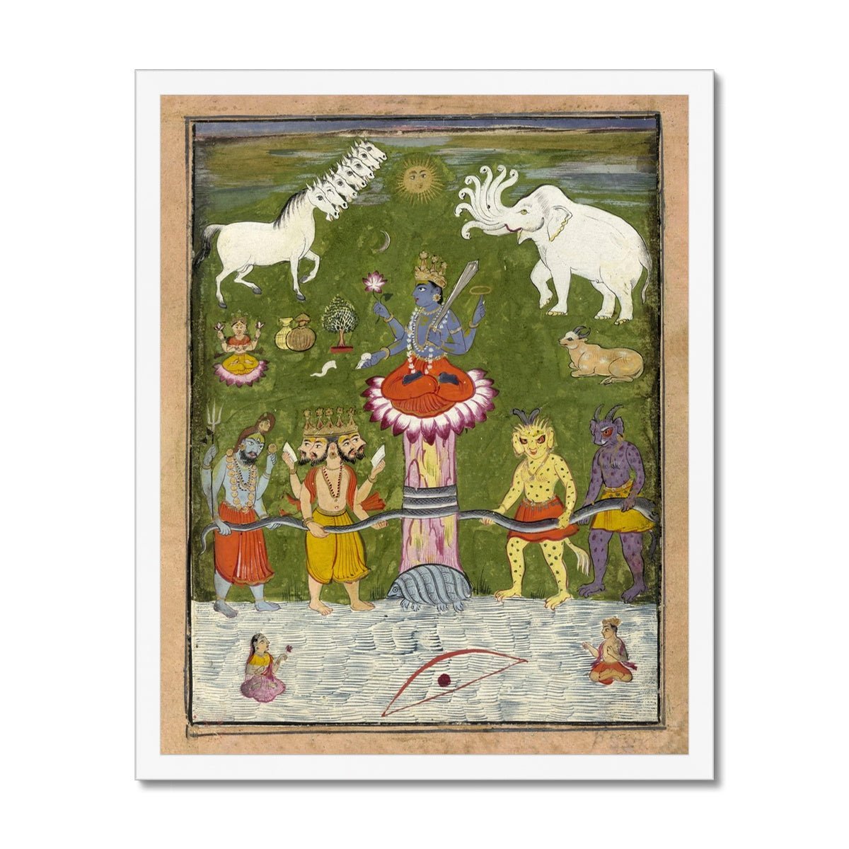 Vishnu Churning of the Ocean of Immortality | Devas and Asuras, Mount Mandara | Divine Hindu Mythology | Superb Framed Art Print - Sacred Surreal