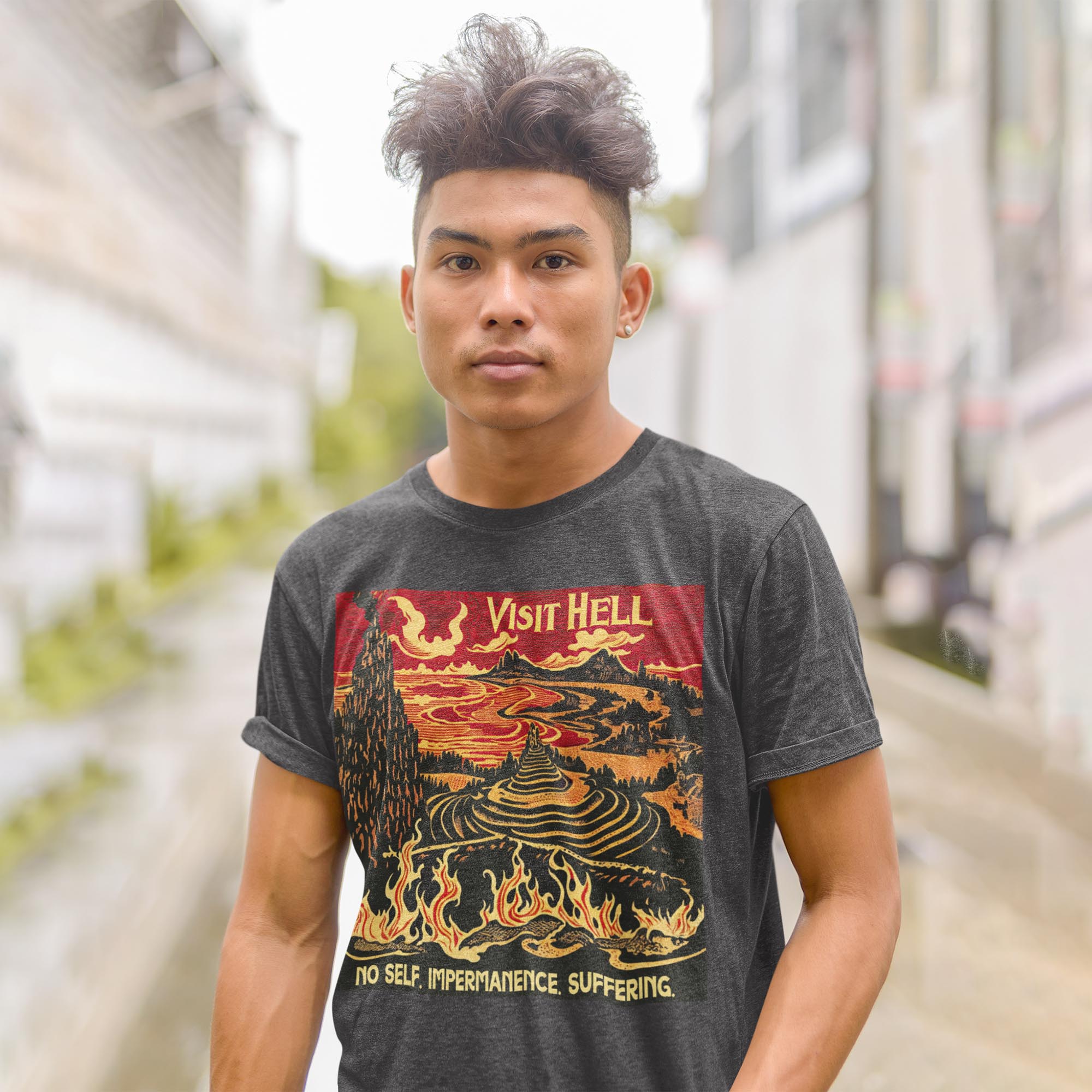 Visit Hell Vintage Travel Poster Shirt | No Self, Impermanence, Suffering | Buddhist Cosmology | Samsara Graphic Art T-Shirt