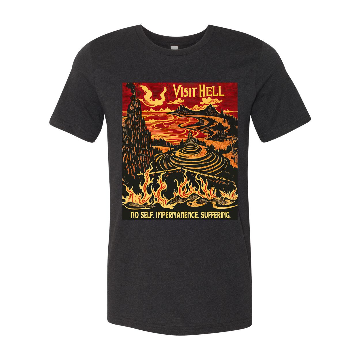 Visit Hell Vintage Travel Poster Shirt | No Self, Impermanence, Suffering | Buddhist Cosmology | Samsara Graphic Art T-Shirt