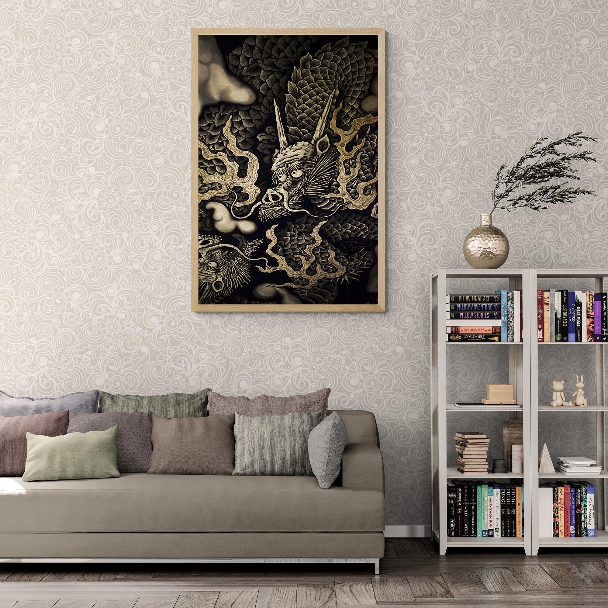 Zen Gold Dragons | Kennin-ji 1202 AD Temple Ceiling Art | Kyoto Japan Zendo Zazen | Vintage Serpent Snake Fine Art Print